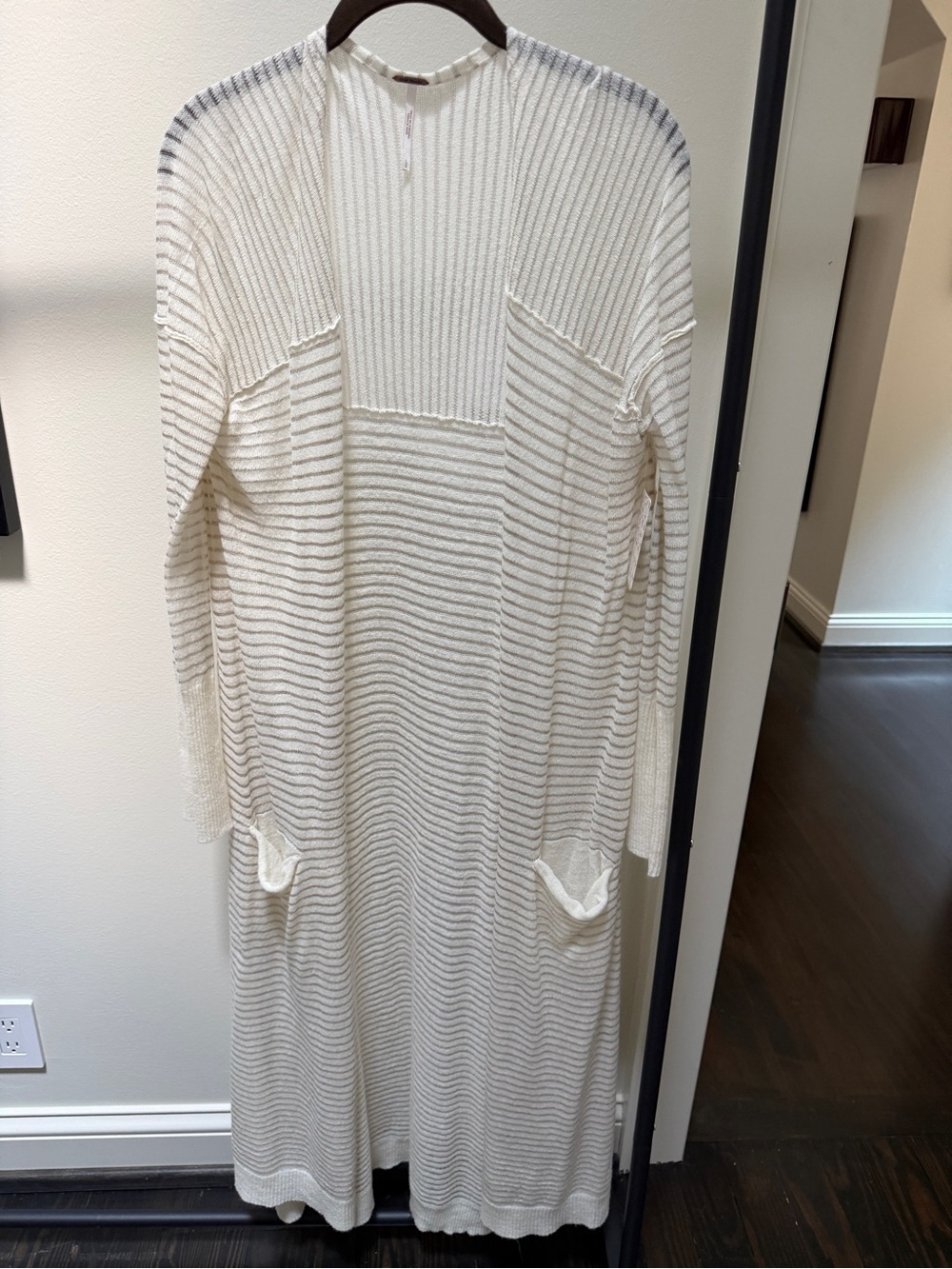 Free People Ivory Comb Striped Long Knit Cardigan LG NWT